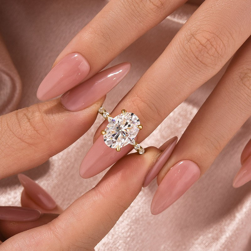 Moissanite 5.5Ct Oval Cut Side Stone Yellow Gold Engagement Ring