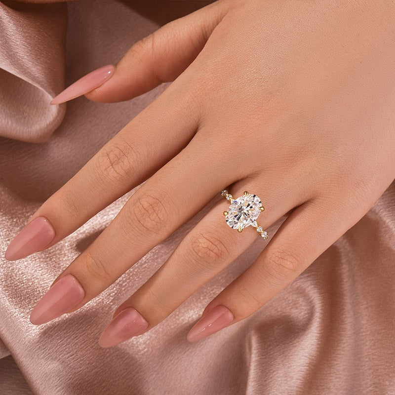Moissanite 5.5Ct Oval Cut Side Stone Yellow Gold Engagement Ring