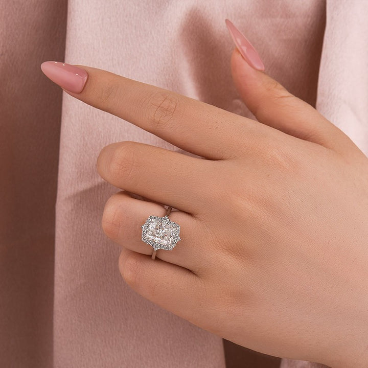 Rodiffy Moissanite 3.0Ct White Gold Halo Radiant Cut Engagement Ring