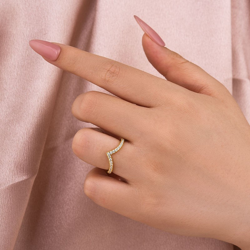 Moissanite Yellow Gold Petite Pavé Curved Matching Wedding Ring