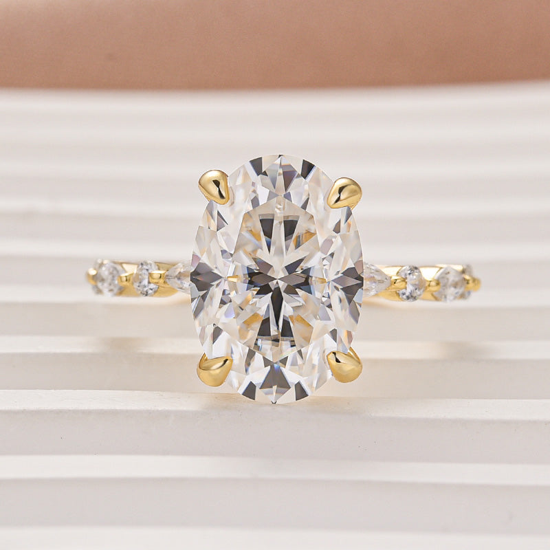 Moissanite 5.5Ct Oval Cut Side Stone Yellow Gold Engagement Ring