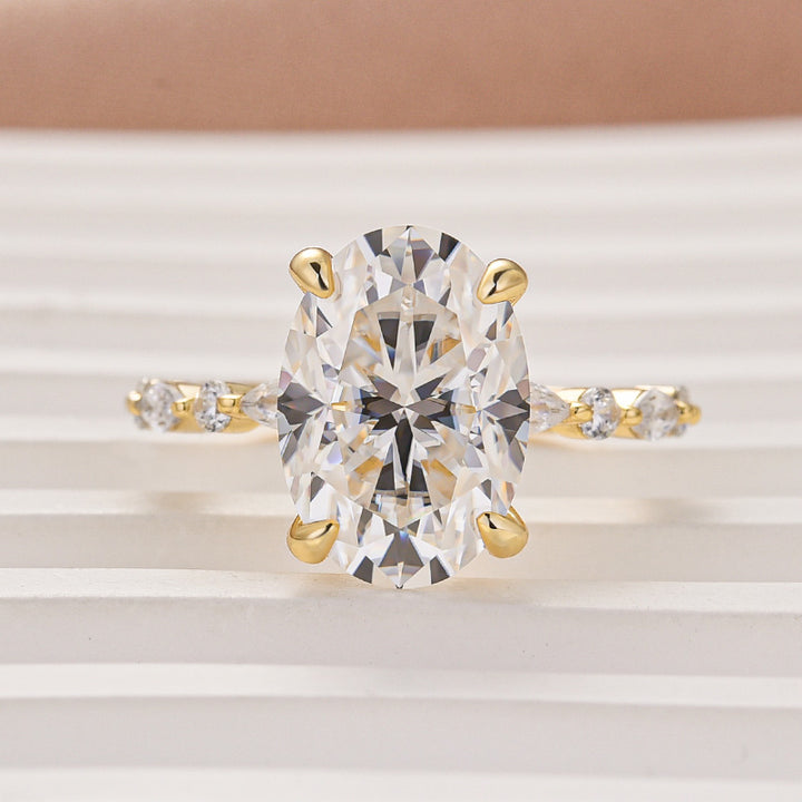 Moissanite 5.5Ct Oval Cut Side Stone Yellow Gold Engagement Ring