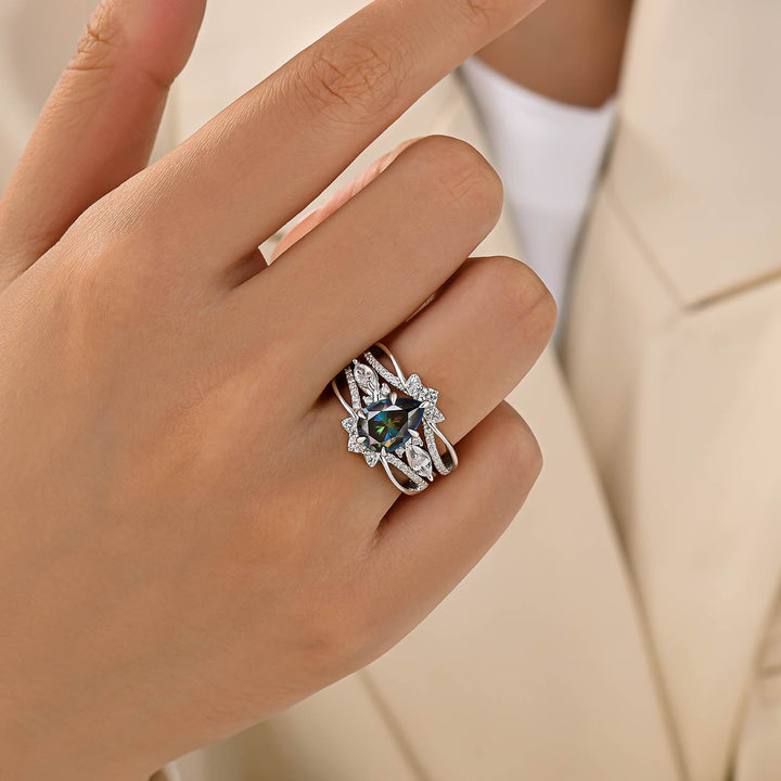 Moissanite 2.0CT Green Pear Cut Vintage Floral Enhancer Ring Sets In Sterling Silver