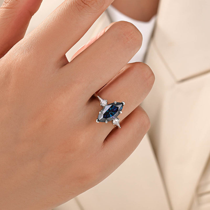 Moissanite 3.0Ct Blue Marquise Cut Three-Stone Ring In Sterling Silver