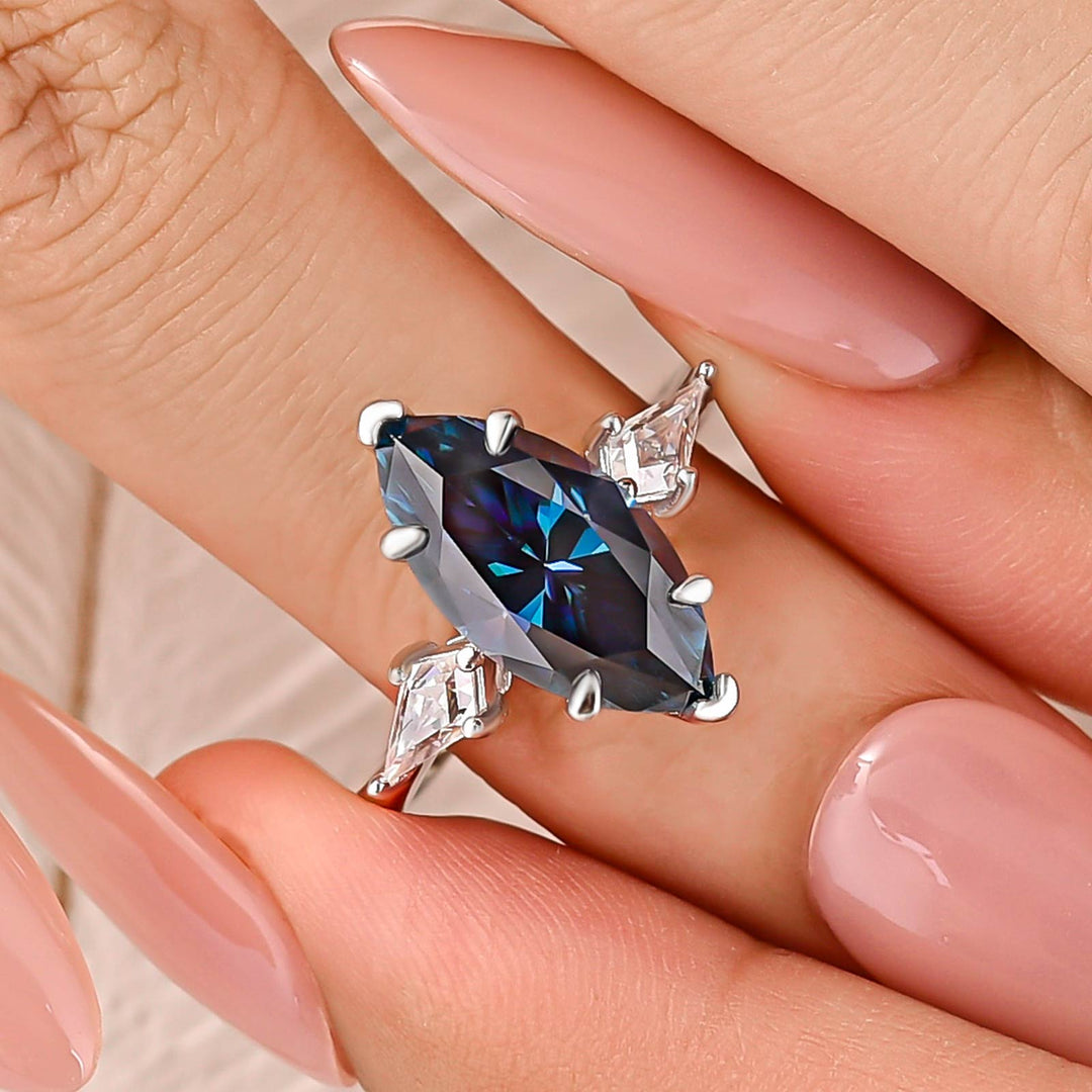 Moissanite 3.0Ct Blue Marquise Cut Three-Stone Ring In Sterling Silver