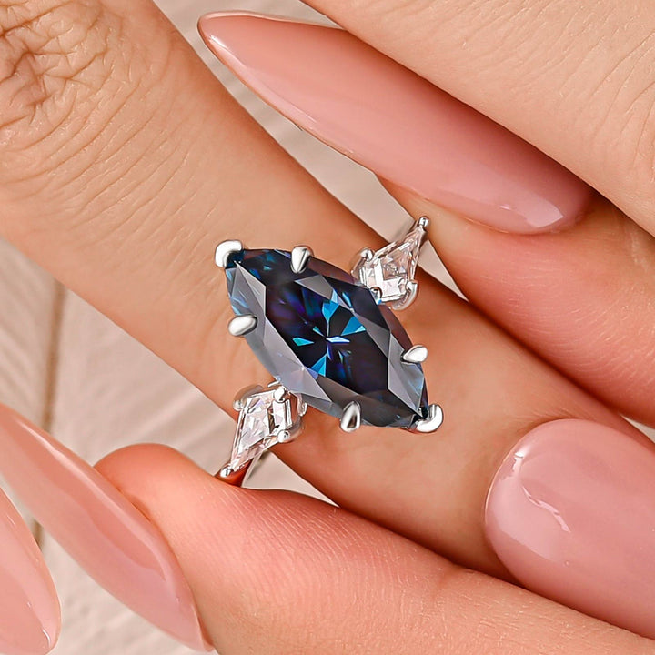 Moissanite 3.0Ct Blue Marquise Cut Three-Stone Ring In Sterling Silver