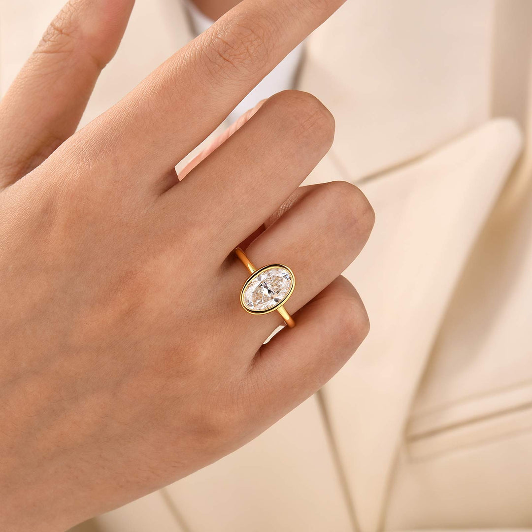 Moissanite 3.0Ct Oval Cut Bezel Set Solitaire Engagement Ring