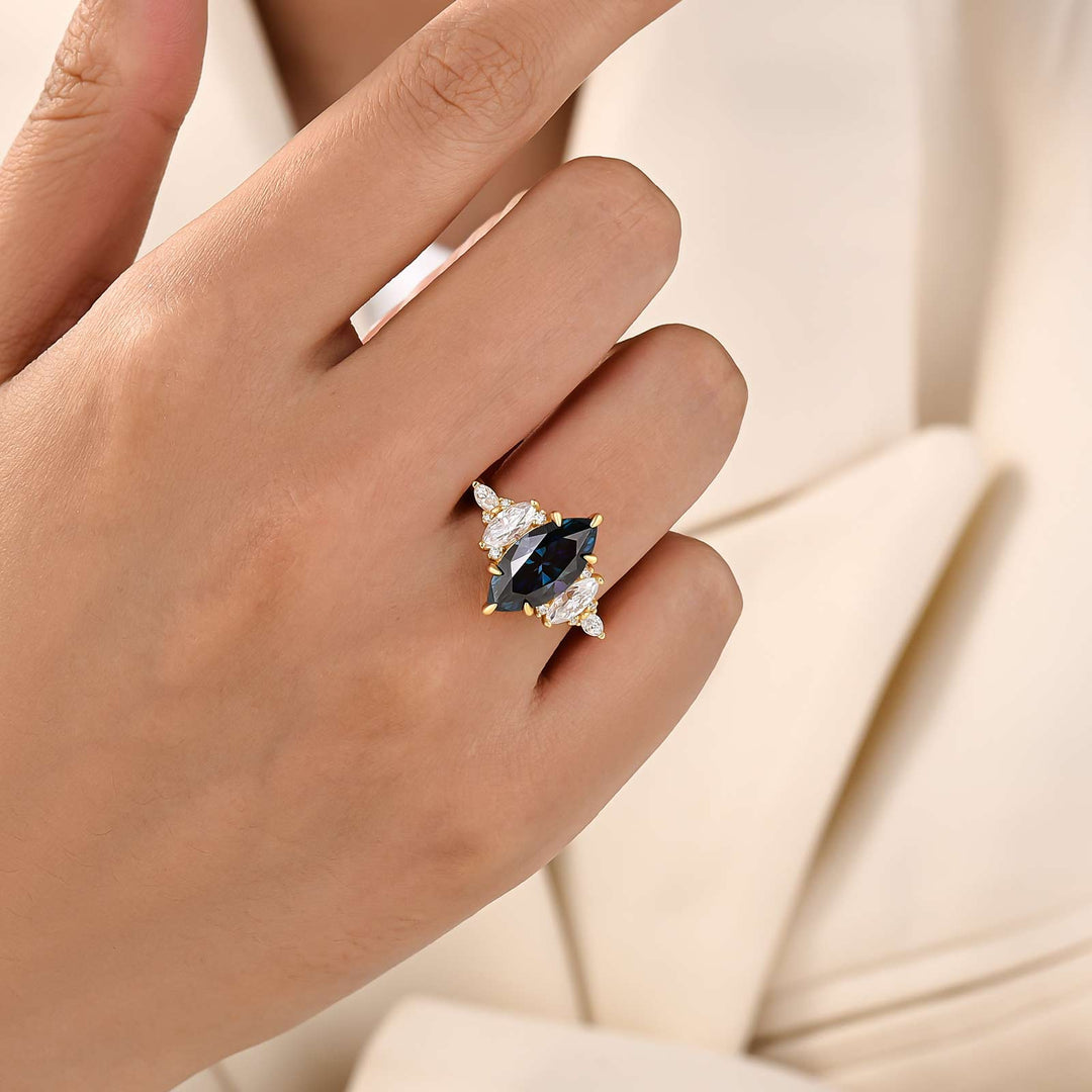 Moissanite 3.0Ct Blue Marquise Vintage Three-Stone Ring