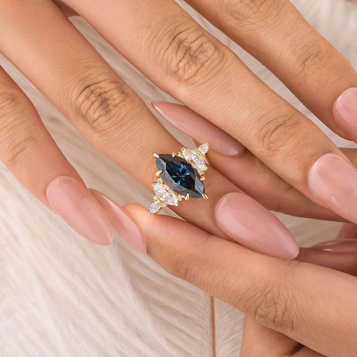 Moissanite 3.0Ct Blue Marquise Vintage Three-Stone Ring