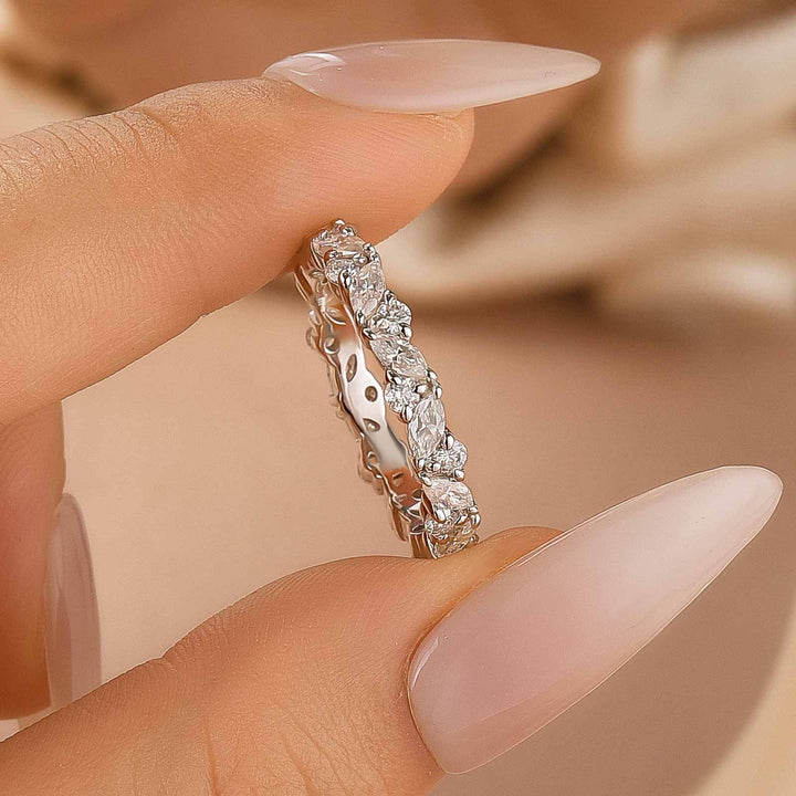 Moissanite Fashion Design Marquise Cut &amp; Round Cut Wedding Band In Sterling Silver