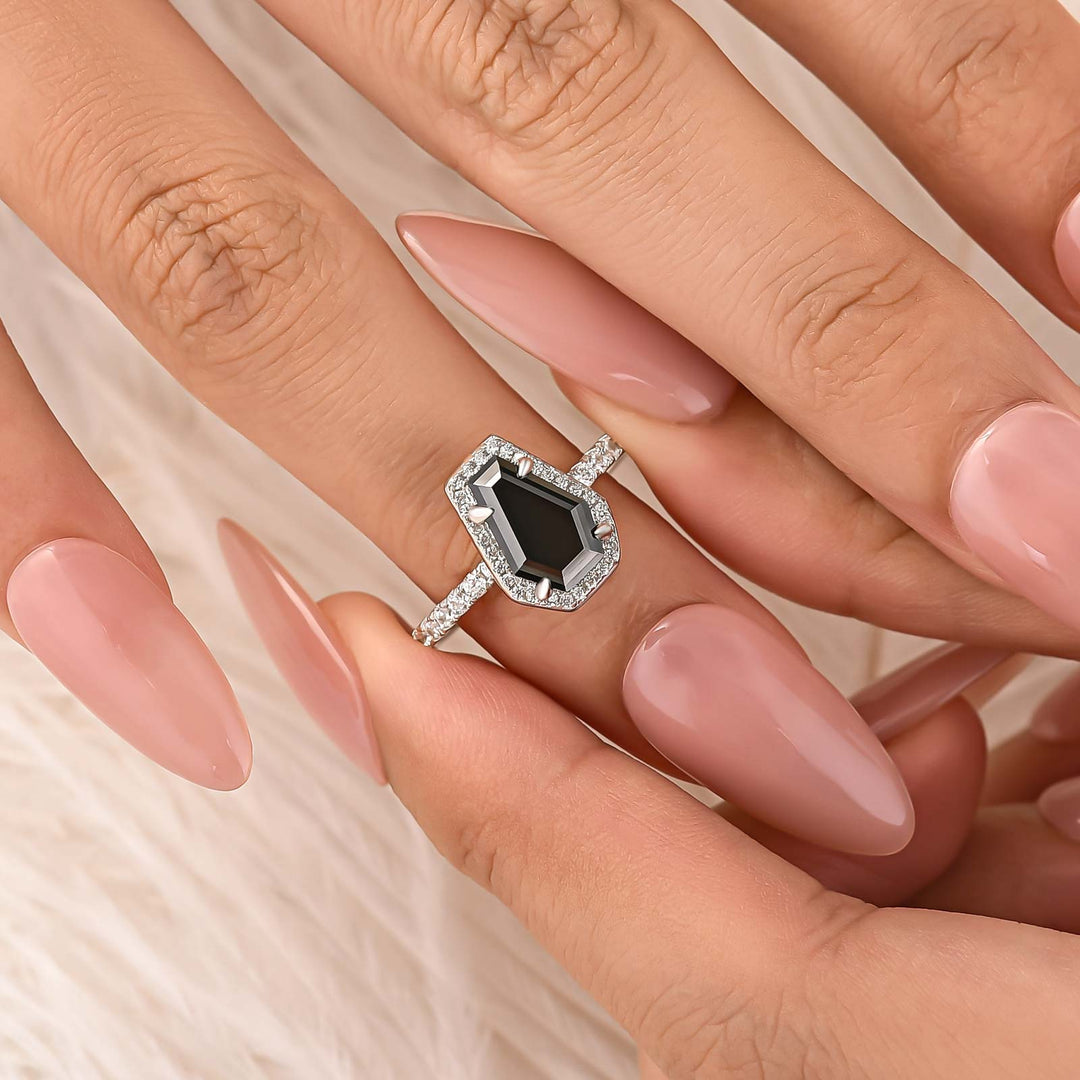 Moissanite 1.7Ct Black Coffin Cut Halo Engagement Ring