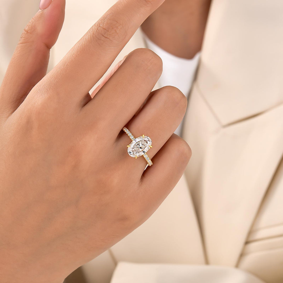 Moissanite 2.0Ct -5.5Ct Oval Cut Pavé Yellow Hidden Halo Engagement Ring