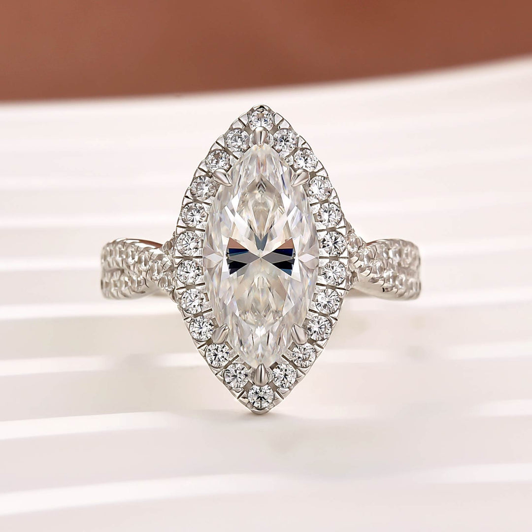 S925 Moissanite 3.0Ct White Marquise Cut Halo Engagement Ring 925 Sterling Silver Promise Ring For Women