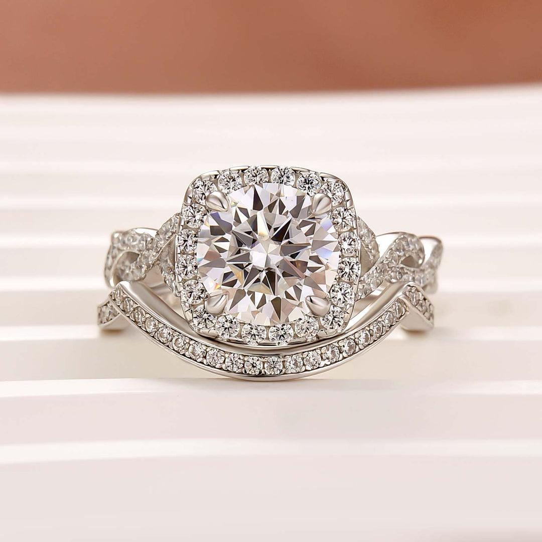 Moissanite 2.0Ct Halo Round Cut Twist White Gold Wedding Ring Set In Sterling Silver
