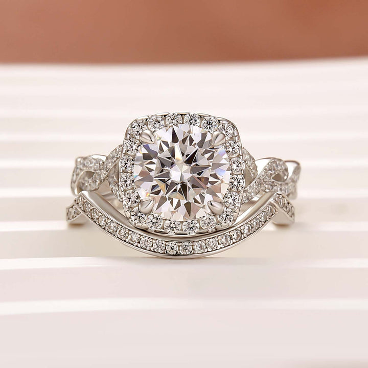 Moissanite 2.0Ct Halo Round Cut Twist White Gold Wedding Ring Set In Sterling Silver