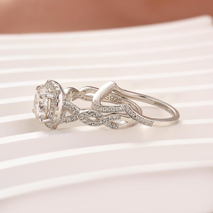Moissanite 2.0Ct Halo Round Cut Twist White Gold Wedding Ring Set In Sterling Silver