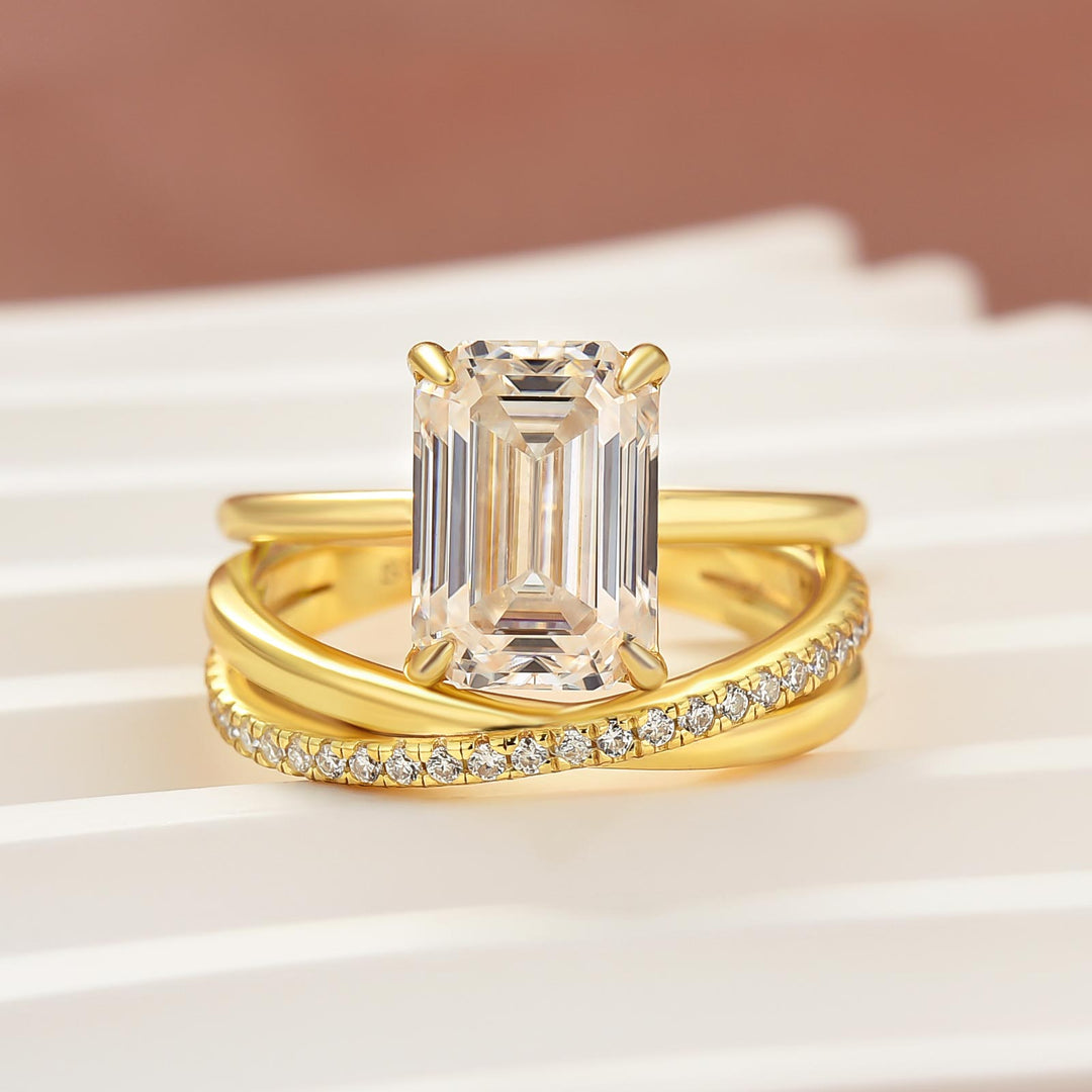 S925 Moissanite 2PC 3.5 Ct Emerald Cut Twist Yellow Gold Wedding Ring Set For Women