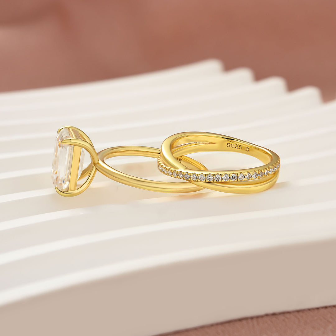 S925 Moissanite 2PC 3.5 Ct Emerald Cut Twist Yellow Gold Wedding Ring Set For Women