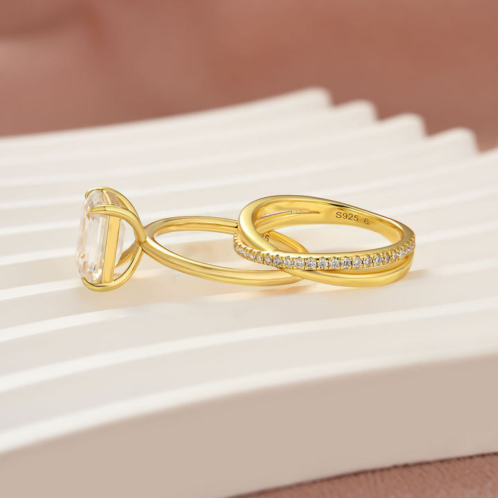 S925 Moissanite 2PC 3.5 Ct Emerald Cut Twist Yellow Gold Wedding Ring Set For Women