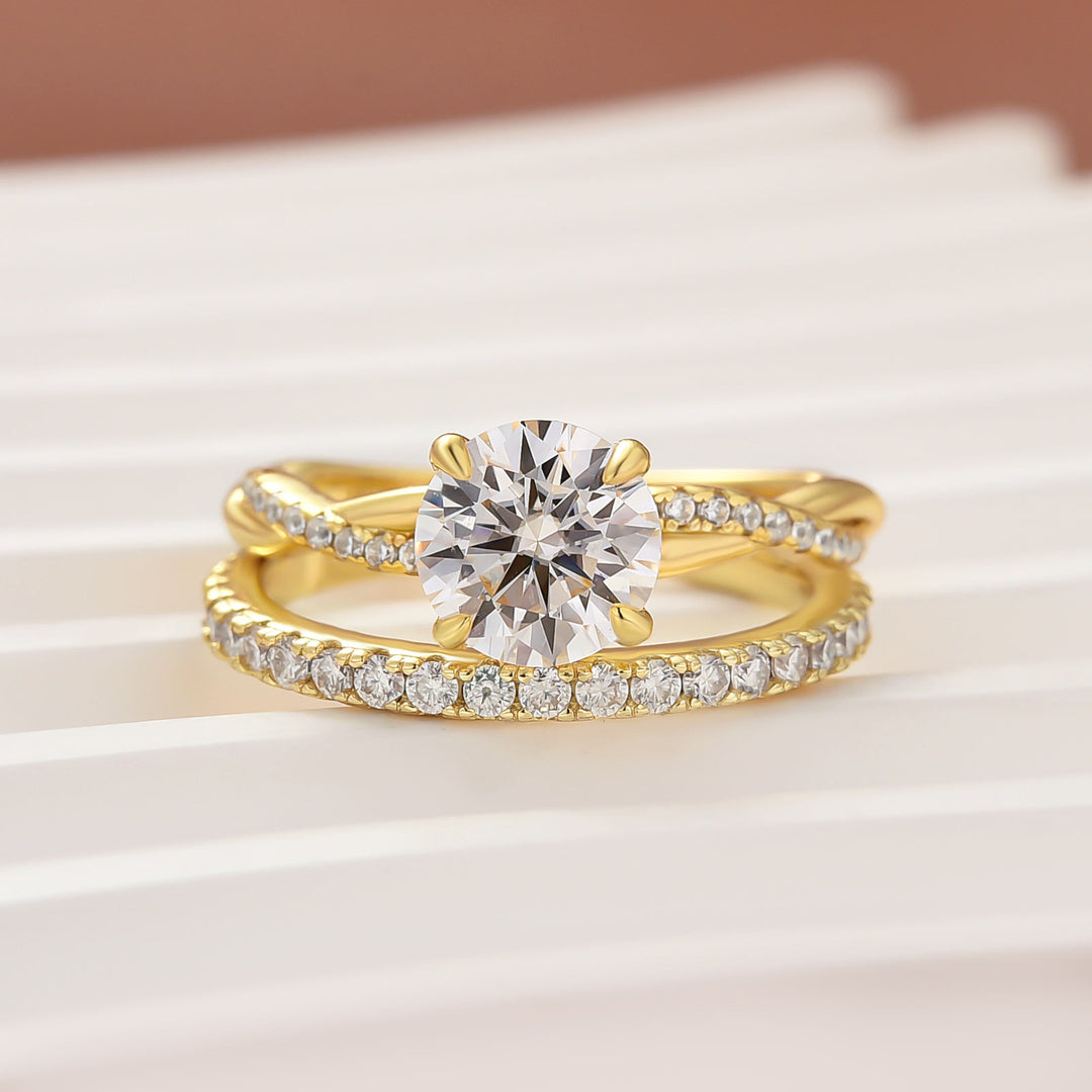 Moissanite 1.2Ct/2.0 Ct Twist Round Cut Yellow Gold Pave Promise Bridal Ring With Wedding Band