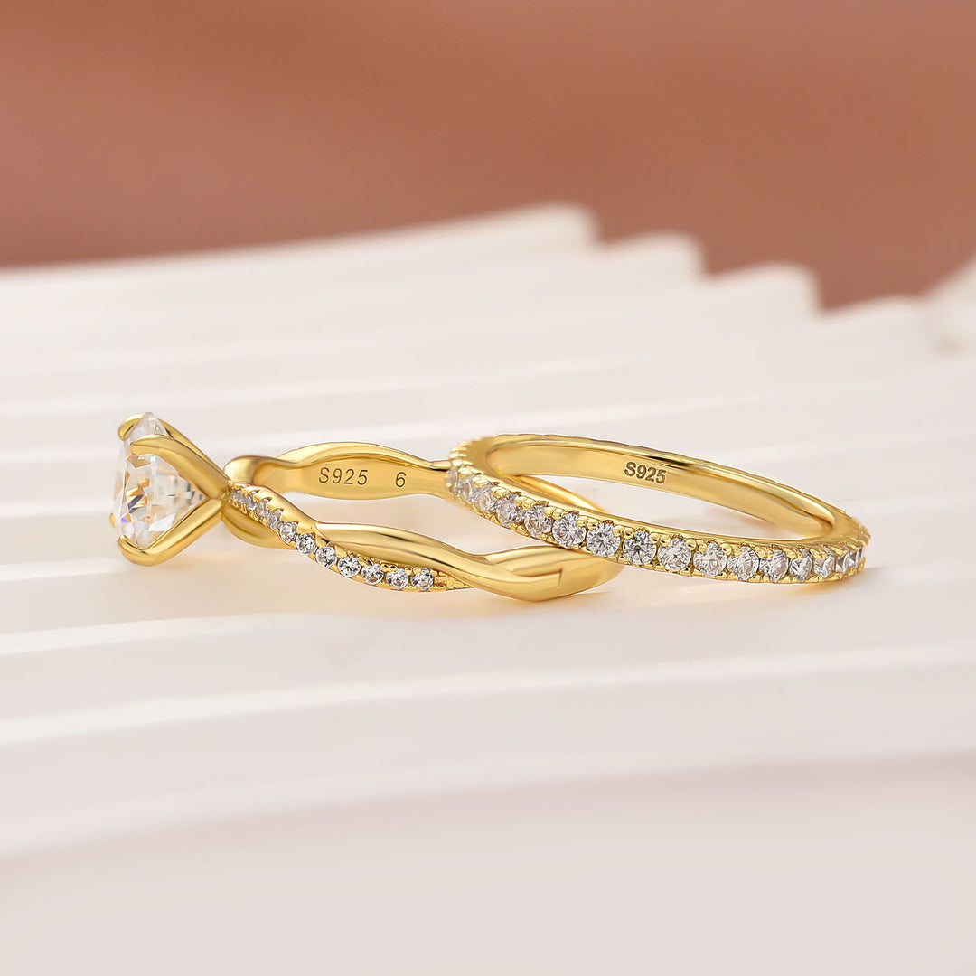 Moissanite 1.2Ct/2.0 Ct Twist Round Cut Yellow Gold Pave Promise Bridal Ring With Wedding Band