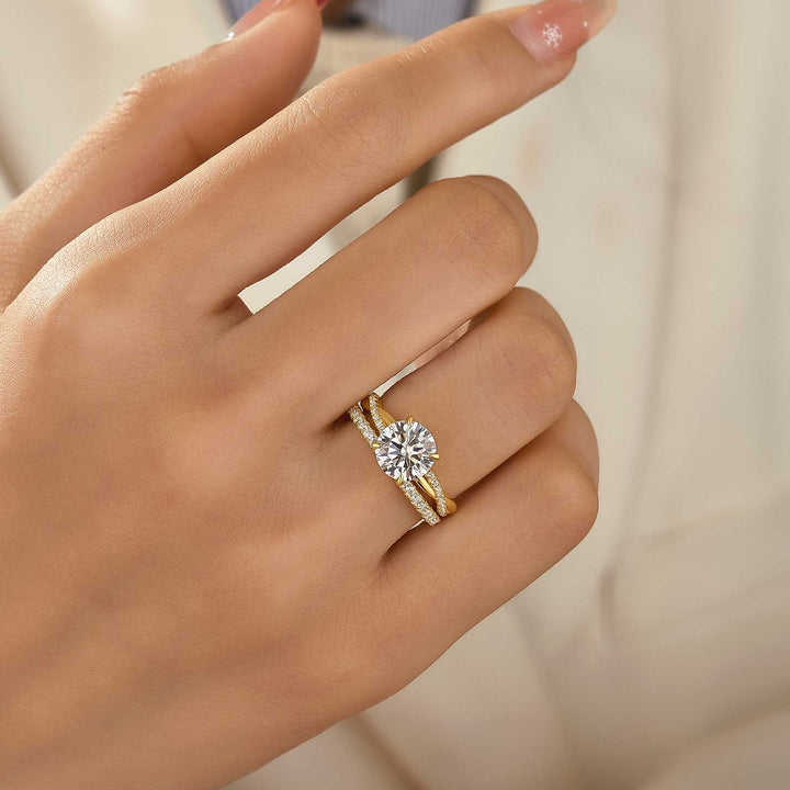 Moissanite 1.2Ct/2.0 Ct Twist Round Cut Yellow Gold Pave Promise Bridal Ring With Wedding Band