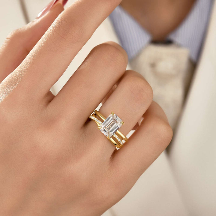 S925 Moissanite 2PC 3.5 Ct Emerald Cut Twist Yellow Gold Wedding Ring Set For Women