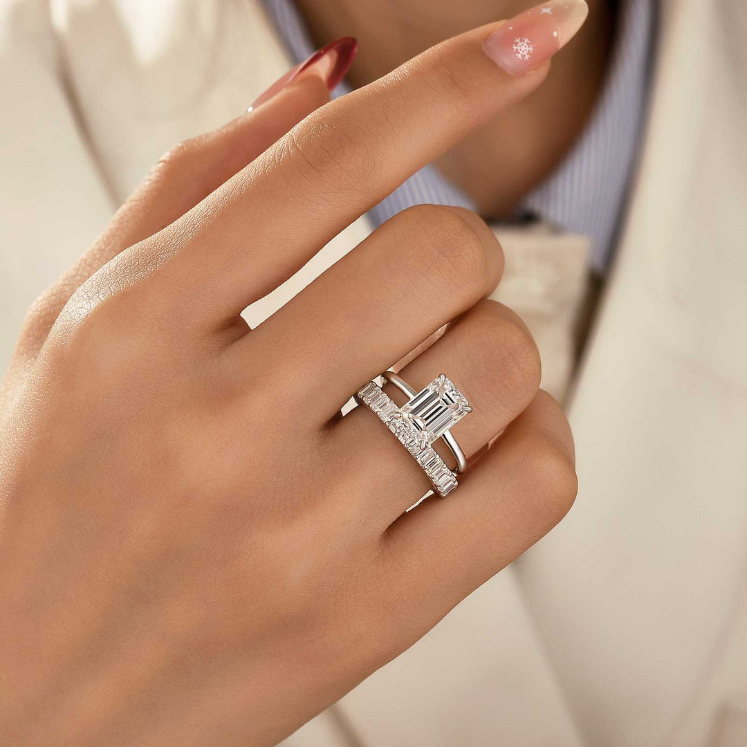 Moissanite 4.0Ct Solitaire Oval Cut/3.5Ct Emerald Cut White Gold Wedding Ring with Emerald Cut Wedding Ring