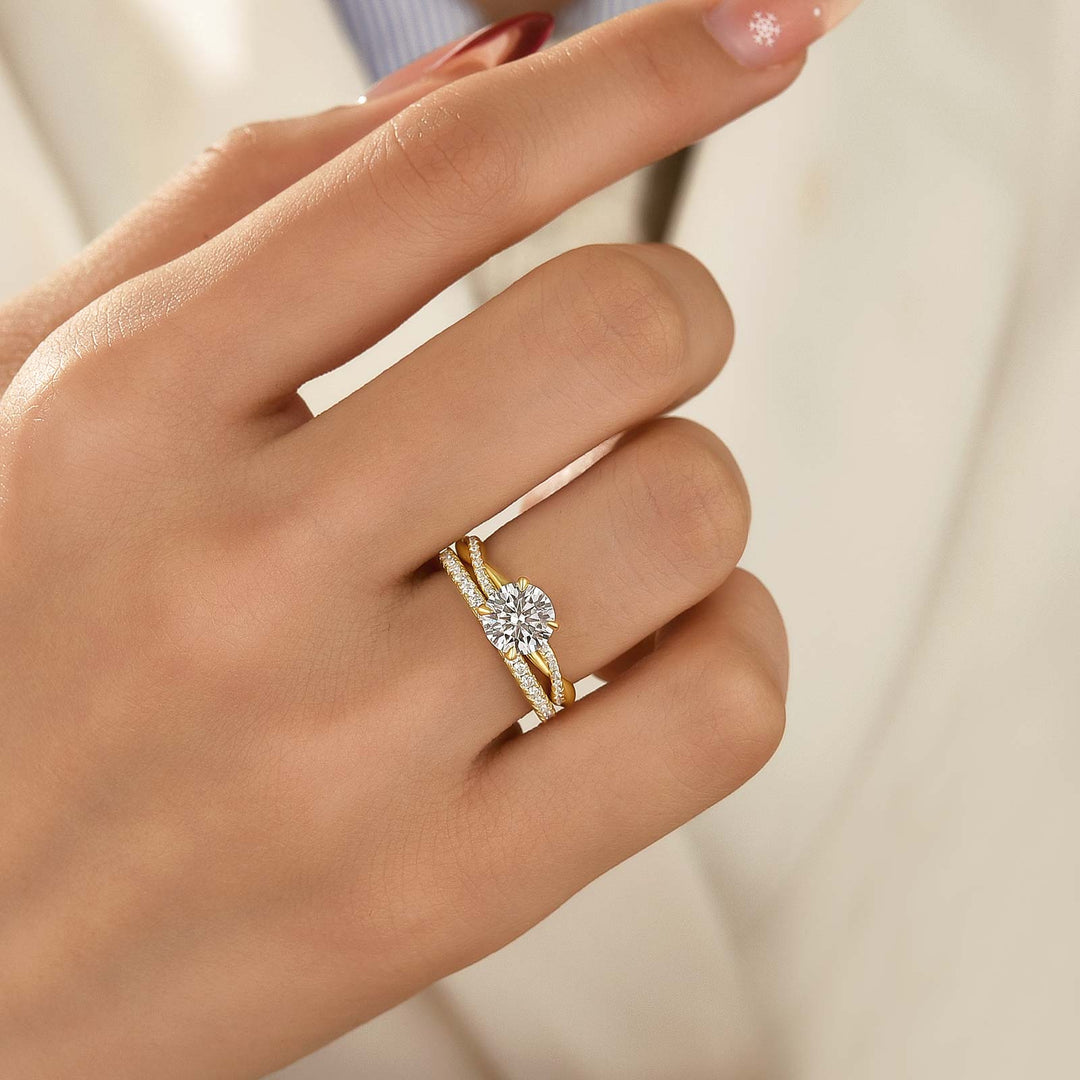 Moissanite 1.2Ct/2.0 Ct Twist Round Cut Yellow Gold Pave Promise Bridal Ring With Wedding Band