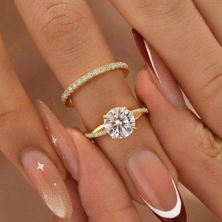 Moissanite 1.2Ct/2.0 Ct Twist Round Cut Yellow Gold Pave Promise Bridal Ring With Wedding Band