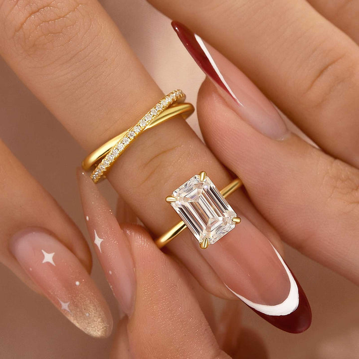 S925 Moissanite 2PC 3.5 Ct Emerald Cut Twist Yellow Gold Wedding Ring Set For Women