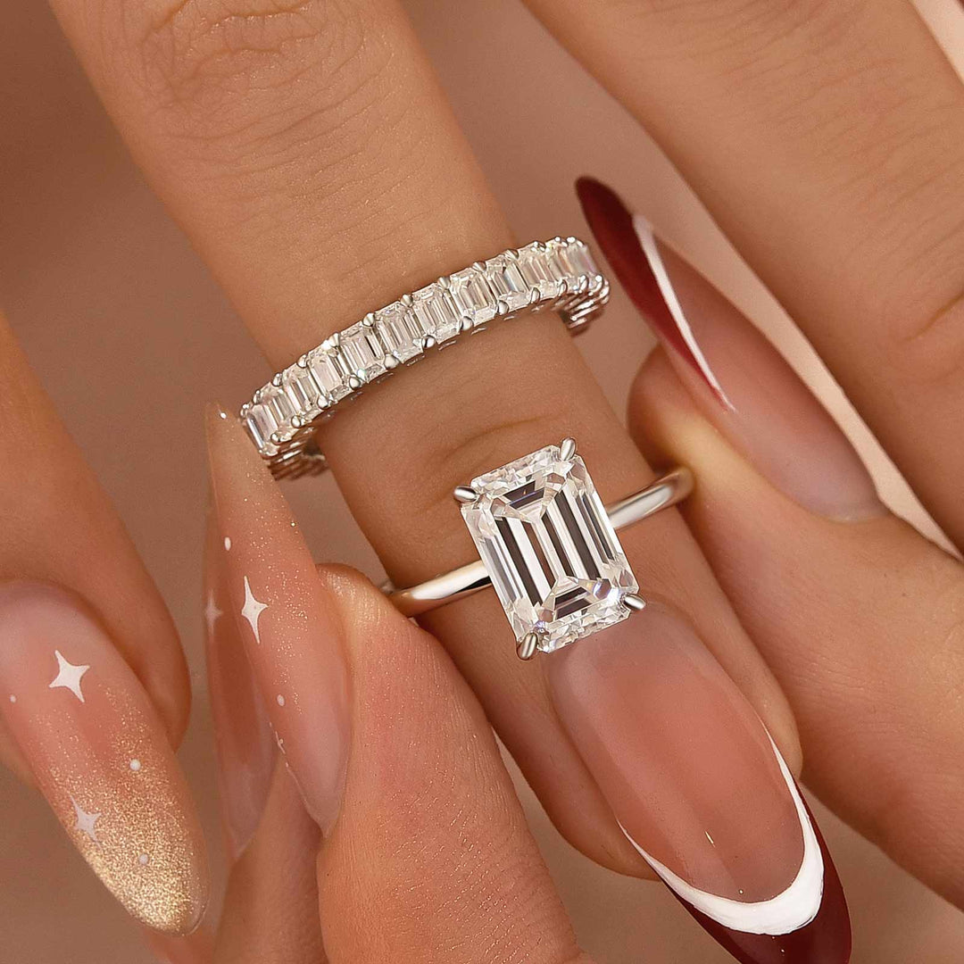 Moissanite 4.0Ct Solitaire Oval Cut/3.5Ct Emerald Cut White Gold Wedding Ring with Emerald Cut Wedding Ring