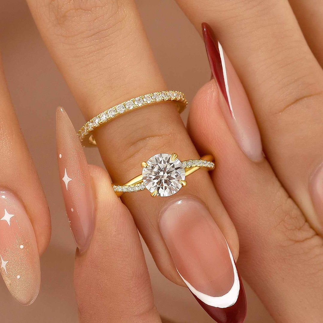 Moissanite 1.2Ct/2.0 Ct Twist Round Cut Yellow Gold Pave Promise Bridal Ring With Wedding Band