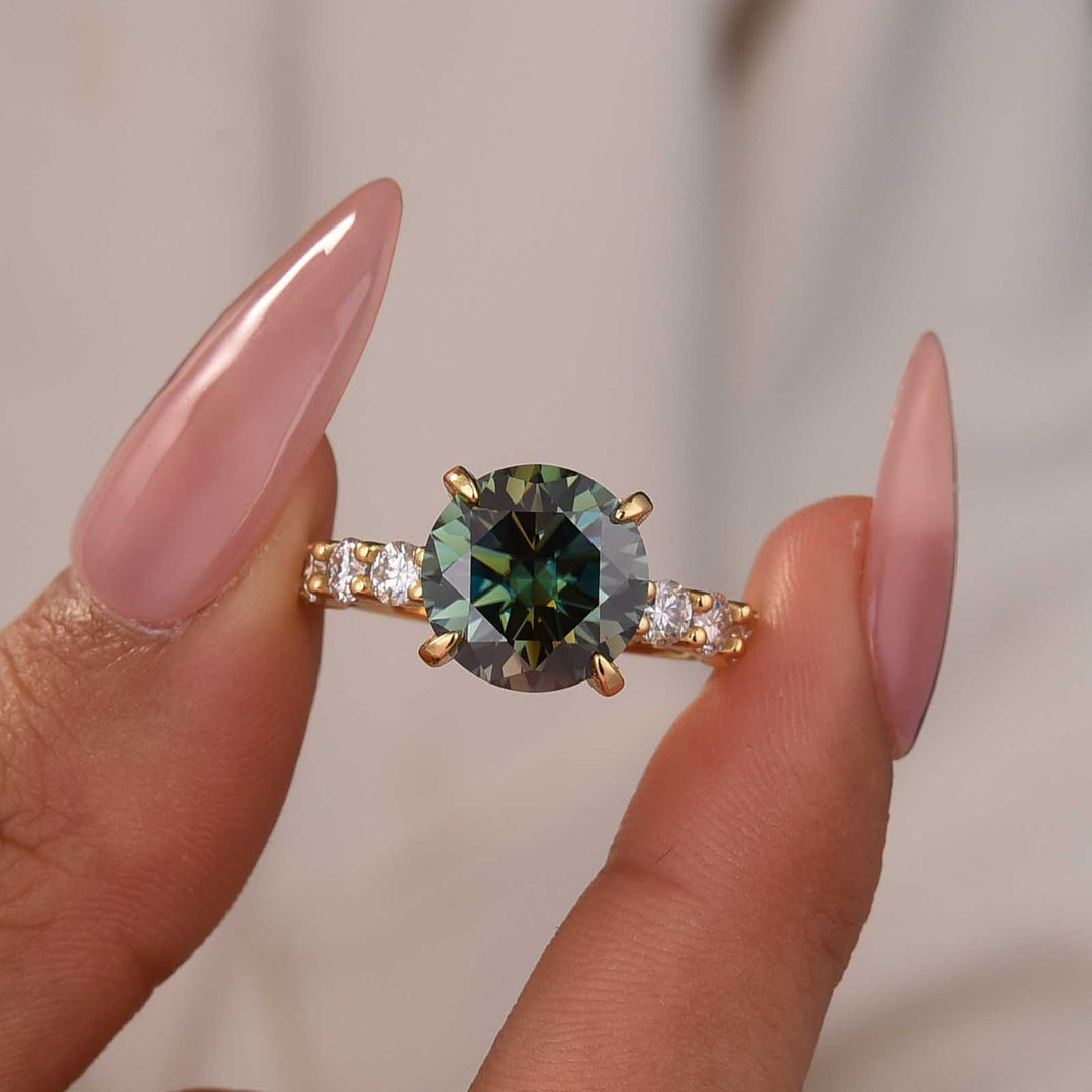 S925 Moissanite 2.0Ct/3.0Ct/4.0Ct Turquoise Round Cut White Gold & Yellow Gold Engagement Ring
