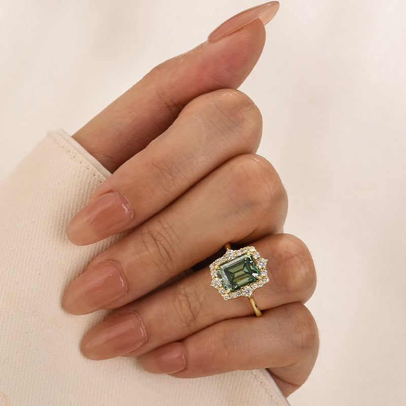 Moissanite 3.0Ct Yellow Gold Halo Emerald Stone Emerald Cut Engagement Ring