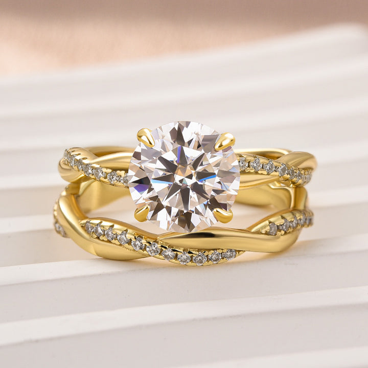 Rodiffy Moissanite 1.2 Ct/2.0 Ct Twist Yellow Gold Pave Wedding Ring Set