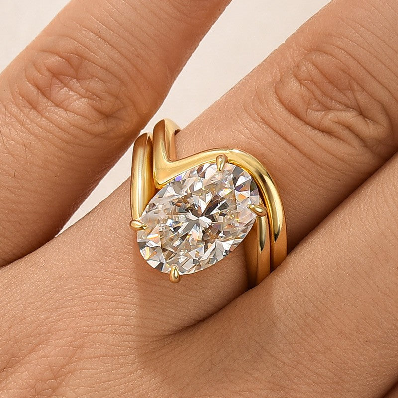 2PC Moissanite Wedding Sets 5.5Ct Oval Cut Yellow Gold Bypass Engagement Ring with Curved Wedding Band
