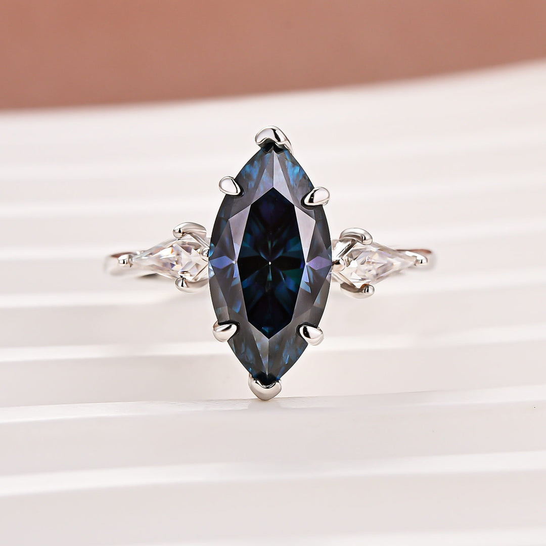 Moissanite 3.0Ct Blue Marquise Cut Three-Stone Ring In Sterling Silver