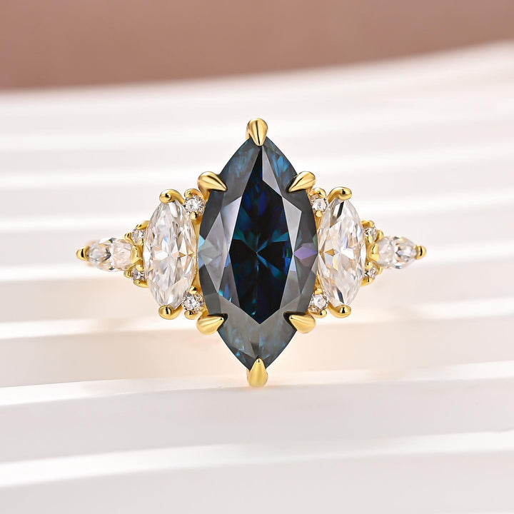 Moissanite 3.0Ct Blue Marquise Vintage Three-Stone Ring