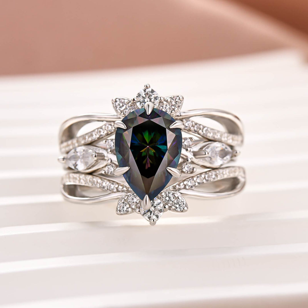 Moissanite 2.0CT Green Pear Cut Vintage Floral Enhancer Ring Sets In Sterling Silver