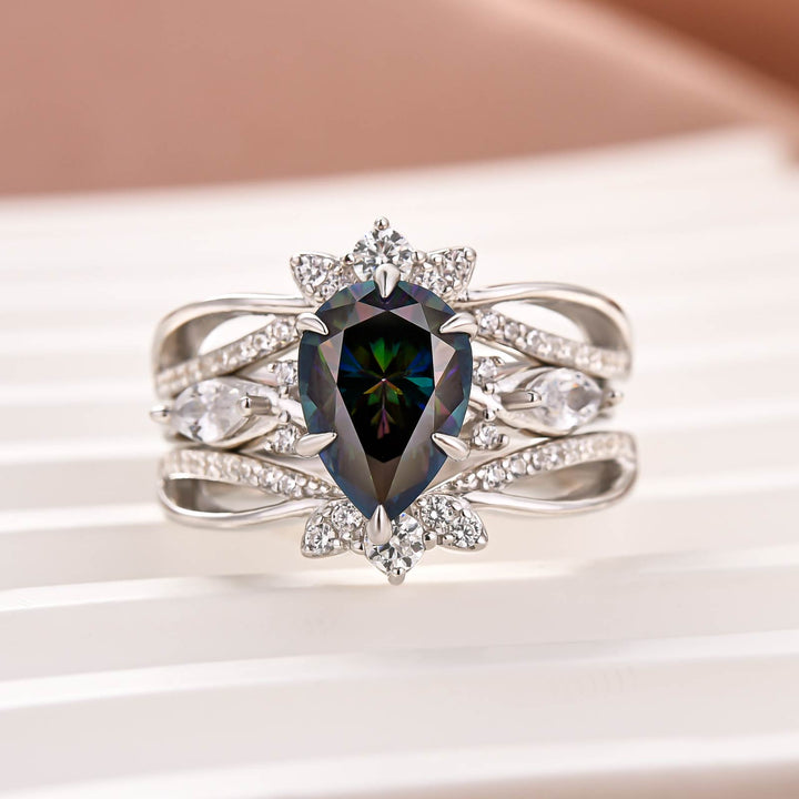 Moissanite 2.0CT Green Pear Cut Vintage Floral Enhancer Ring Sets In Sterling Silver