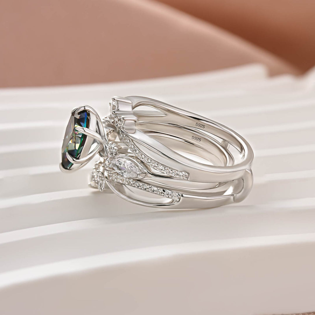 Moissanite 2.0CT Green Pear Cut Vintage Floral Enhancer Ring Sets In Sterling Silver