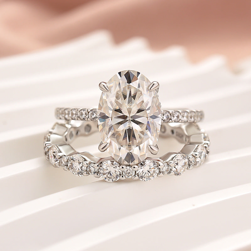 Rodiffy Moissanite 4.0Ct Oval Cut Engagement Ring With Round Cut Wedding Band Wedding Ring Set