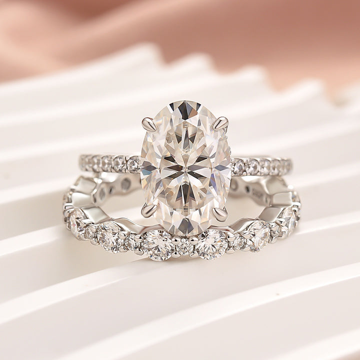 Rodiffy Moissanite 4.0Ct Oval Cut Engagement Ring With Round Cut Wedding Band Wedding Ring Set