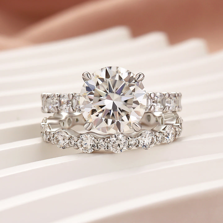 Rodiffy Moissanite 4.0Ct Round Cut Engagement Ring With Round Cut/Asscher Cut Wedding Band Wedding Ring Set