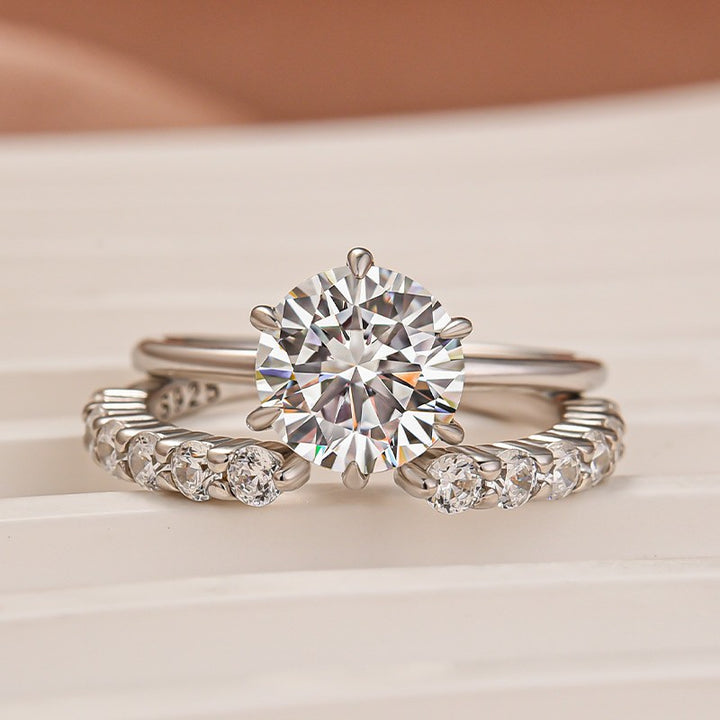 Moissanite 3.0Ct Round Cut 6 Prong White Gold Wedding Ring with Open Wedding Band
