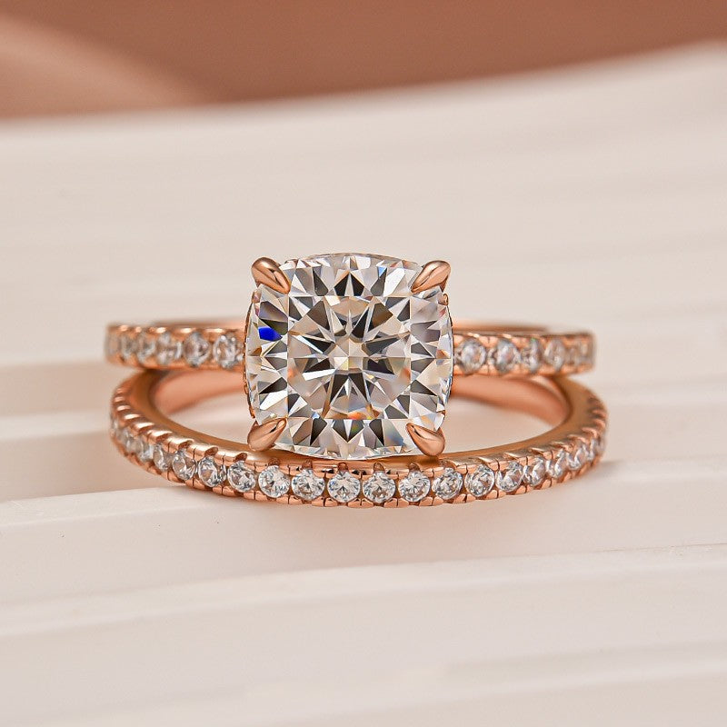 Moissanite 2.5Ct Cushion Cut Rose Gold Bridal Wedding Ring Set