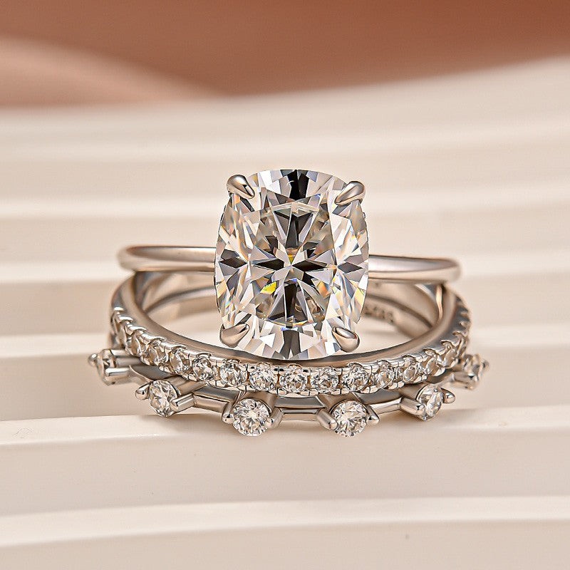 Moissanite 4.0Ct Cushion Cut Solitaire White Gold 3PC Wedding Ring Set