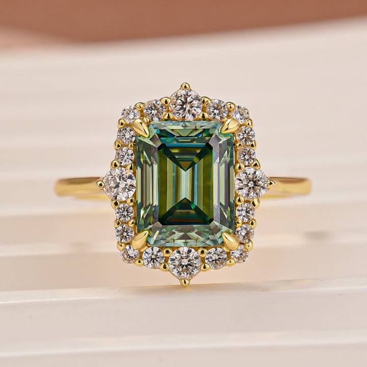 Moissanite 3.0Ct Halo Emerald Stone Emerald Cut Engagement Ring in Sterling Silver