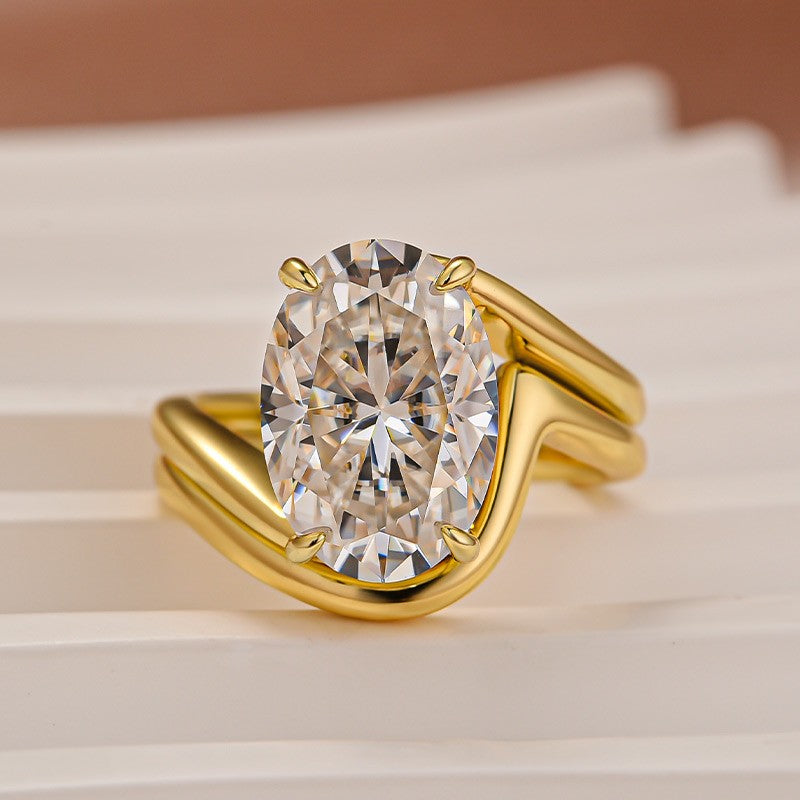 2PC Moissanite Wedding Sets 5.5Ct Oval Cut Yellow Gold Bypass Engagement Ring with Curved Wedding Band